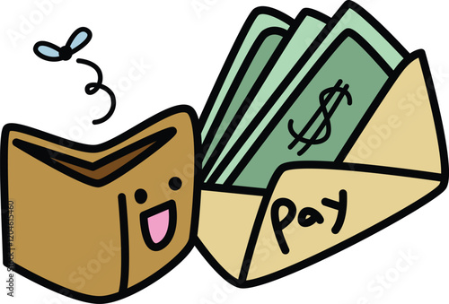 Pay day sticker doodle; Empty wallet and pay day envelope full of cash money cute hand drawn vector illustration.