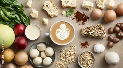 Wallpaper Mural Delicious Latte with Healthy Breakfast Foods Flatlay Torontodigital.ca