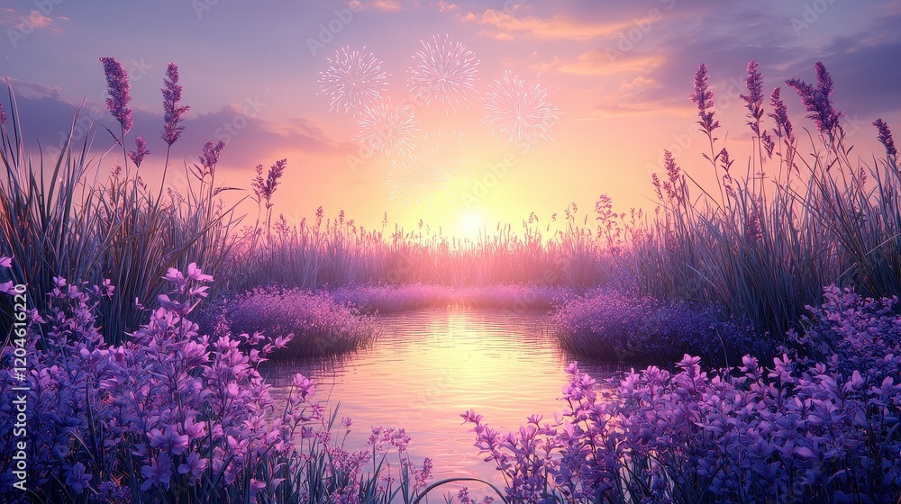 Obraz premium Serene Sunset Landscape Purple Flowers Calm Water Fireworks Display