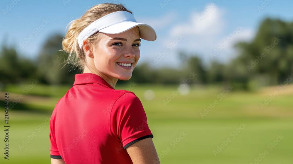 German golfer woman exercise at green grass field at golf driving range German golfer woman exercise at green grass field at golf driving range