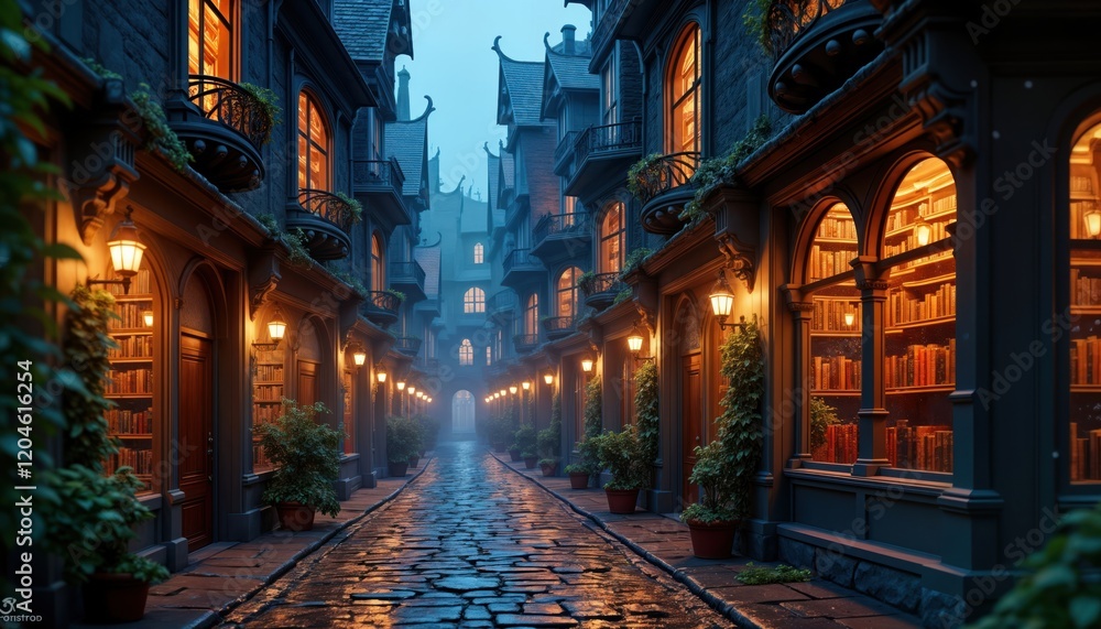 Fototapeta premium Enchanted night street with glowing windows. Old buildings with glowing books in windows. Magical atmosphere with antique lanterns. Cobbled streets. Fairy tale concept. City at night. Romantic image.