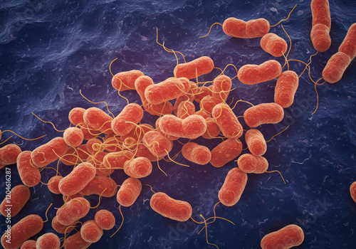 3D illustration of Streptococcus bacteria, showing gram-positive spherical cells dividing and spreading, representing a streptococcal infection outbreak. photo