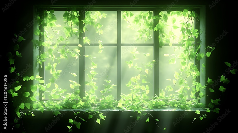 Naklejka premium Lush Green Vines Frame a Window in Sunlight