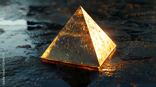 A glistening, golden pyramid sits on a wet, black surface, reflecting the light from above, creating a captivating interplay of light and shadow. Golden Pyramid. Illustration