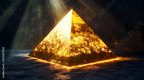 A glowing golden pyramid reflects light, casting vibrant beams against a dark surface, creating an enchanting and mystical ambiance. Golden Pyramid. Illustration