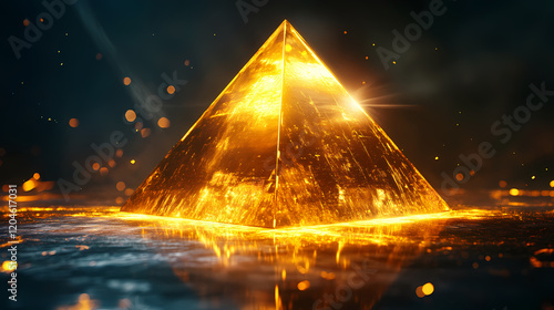 A glowing golden pyramid reflects light, casting vibrant beams against a dark surface, creating an enchanting and mystical ambiance. Golden Pyramid. Illustration