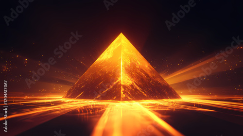 A glowing golden pyramid reflects light, casting vibrant beams against a dark surface, creating an enchanting and mystical ambiance. Golden Pyramid. Illustration