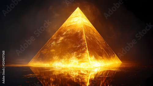 A glowing golden pyramid reflects light, casting vibrant beams against a dark surface, creating an enchanting and mystical ambiance. Golden Pyramid. Illustration
