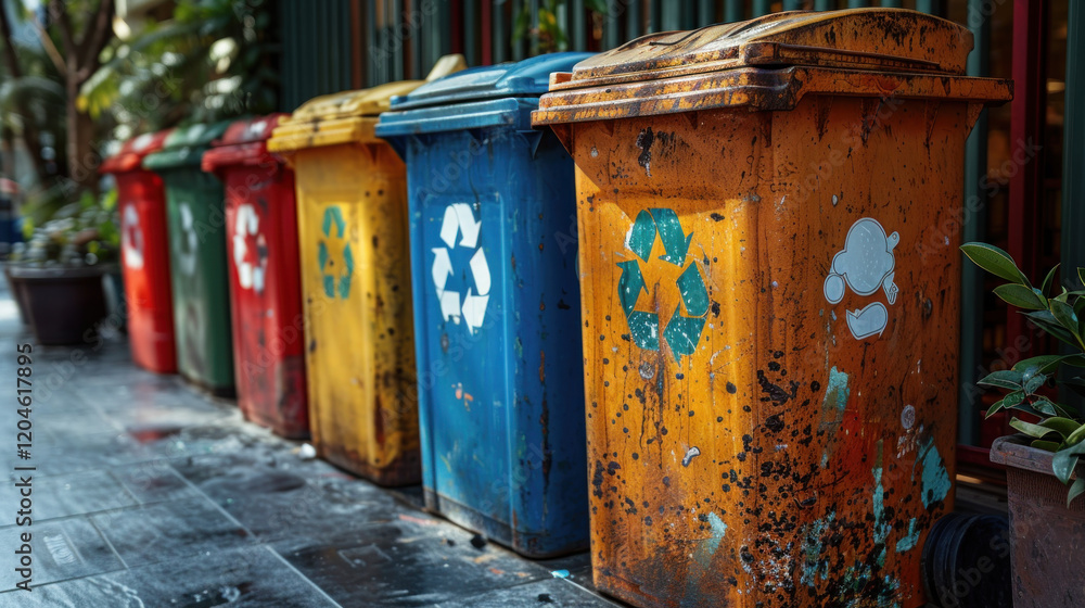 Colorful recycling bins with floating shapes highlight waste management innovations. Colorful recycling bins with floating shapes highlight waste management innovations.