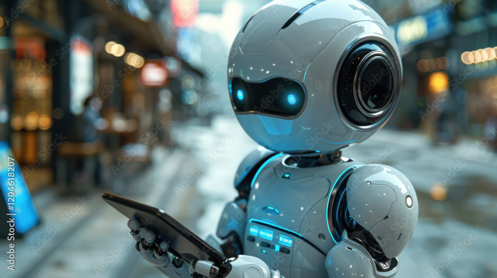 Fototapeta premium Cute robot assistant holding digital tablet.