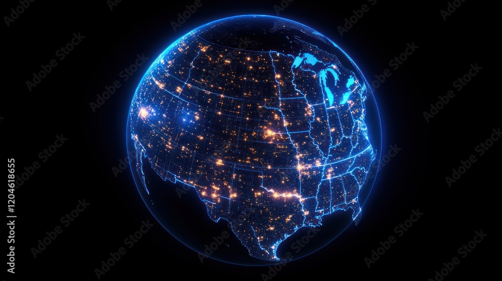 Obraz premium Digital map of the Earth with global network connections and data transfer, showing world connectivity through internet technology on a blue background.