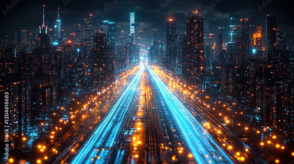 Futuristic Night Cityscape with Neon Lights and Dynamic Light Trails in Hyperloop Concept Futuristic Night Cityscape with Neon Lights and Dynamic Light Trails in Hyperloop Concept