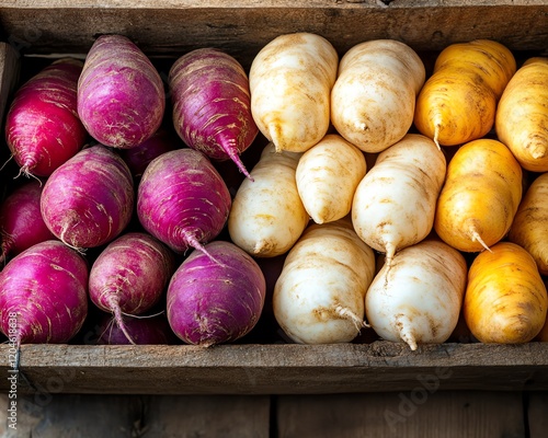 Colorful variety of freshly harvested radishes in a wooden crate, showcasing their unique shapes and vibrant colors. photo