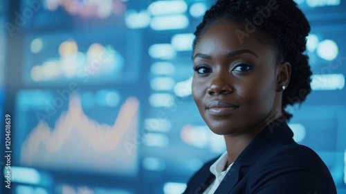 Young Nigerian Woman Standing in Front of Multiple Screens Displaying Financial Graphs