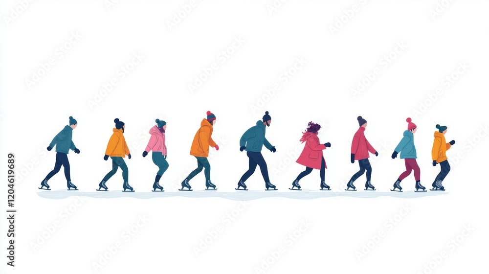 Vector illustration of a line of people skating over white background. Vector illustration of a line of people skating over white background.