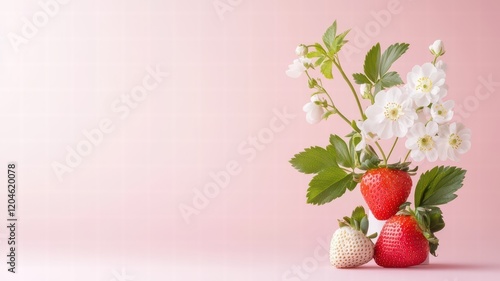 A bouquet of fresh strawberries and delicate white flowers against a soft pink background, creating a vibrant and cheerful composition.