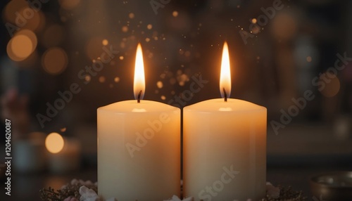 Two Lit Candles Glowing Brightly Romantic Festive Atmosphere Warm Light Peaceful Scene