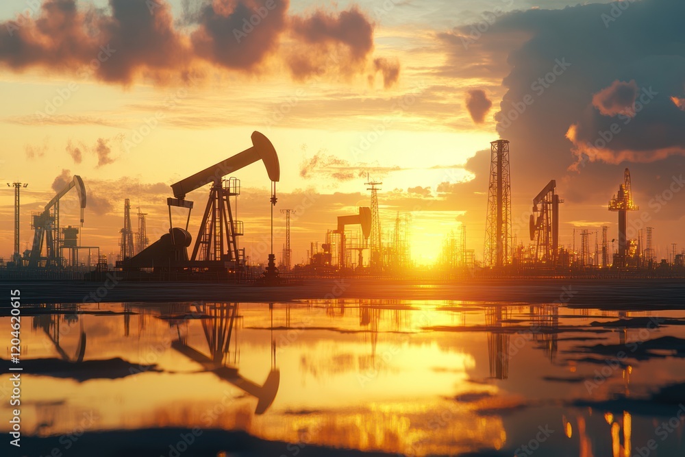 Oil fields with oil pump jacks and their reflections in water puddles on the ground against a sunset sky background. Oil fields with oil pump jacks and their reflections in water puddles on the ground against a sunset sky background.