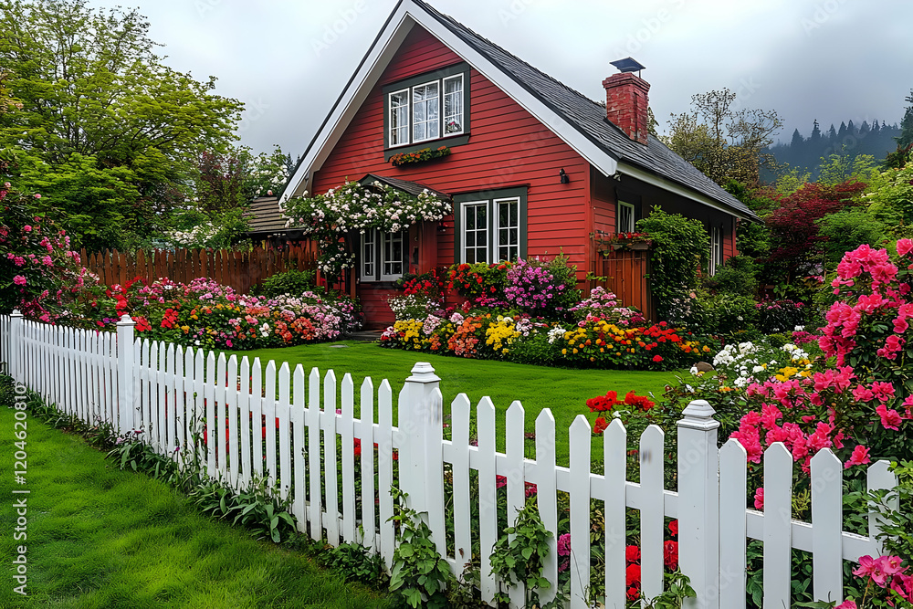 Charming red house with vibrant flower garden and white picket fence Charming red house with vibrant flower garden and white picket fence