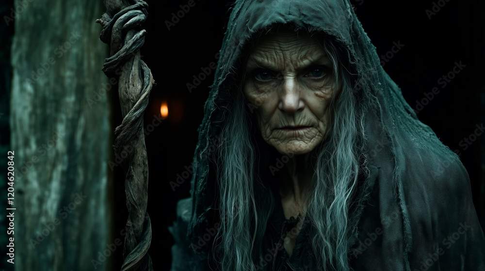 Biblical visual representation of the Witch of Endor, a mysterious old woman. Witch of Endor hiding from King Saul in a hut with an otherworldly atmosphere. Biblical visual representation of the Witch of Endor, a mysterious old woman. Witch of Endor hiding from King Saul in a hut with an otherworldly atmosphere.