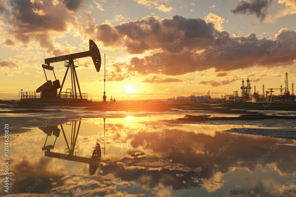 Oil pump in the oil field on a sunset background with the reflection of the sky and clouds in a water puddle Oil pump in the oil field on a sunset background with the reflection of the sky and clouds in a water puddle