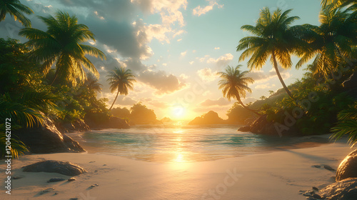 Wallpaper Mural A beautiful beach scene with a large wave crashing on the shore. The sky is cloudy, but the water is still calm. The palm trees in the background add a tropical touch to the scene Torontodigital.ca