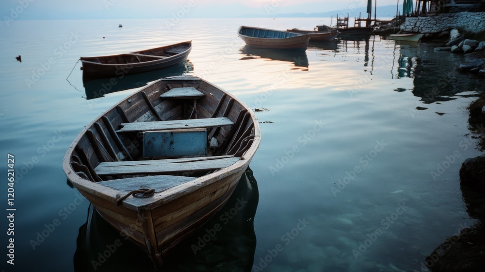 A wooden boat rests in tranquil waters, reflecting the peacefulness of a serene lake at twilight, surrounded by calm. A wooden boat rests in tranquil waters, reflecting the peacefulness of a serene lake at twilight, surrounded by calm.