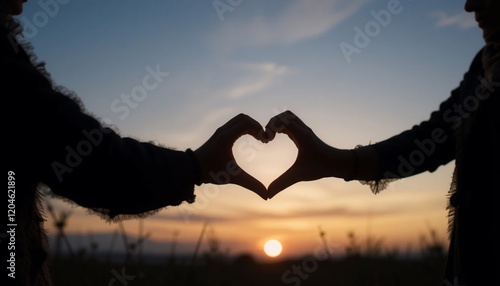 Silhouette of Two People Forming a Heart Shape at Sunset Romantic Couple Love Affection