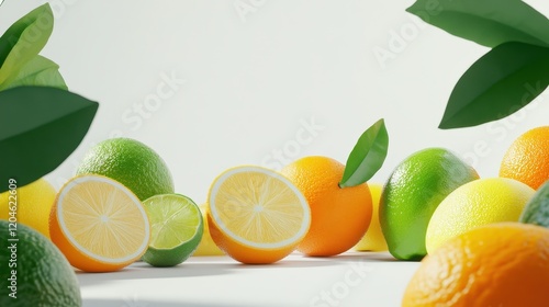 A vibrant display of assorted citrus fruits on a clean background, showcasing freshness.