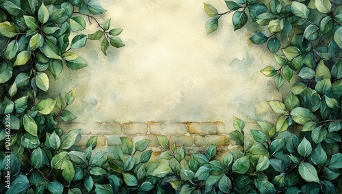 Green Leaves and Brick Decorative Frame Watercolor Illustration