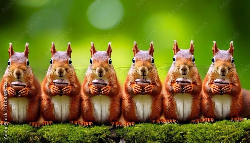 Fototapeta premium Group of Cute Squirrels Holding Acorns on a Mossy Log with Green Background