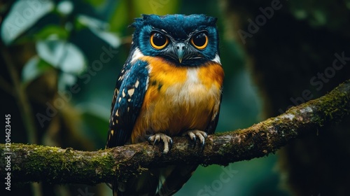 Spectacled owl perched on mossy branch in lush forest.