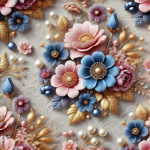 seamless pattern of 3D floral image featuring gold leaves background pink and blue flowers with pearls