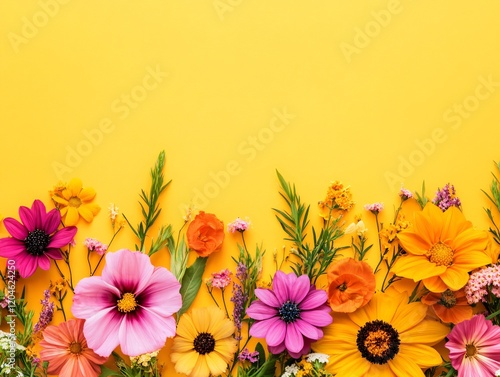 Vibrant Floral Border on Yellow Background, Summer Flower Arrangement