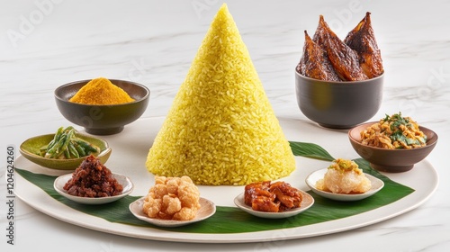 Turmeric rice cone with various Indonesian side dishes on a platter.