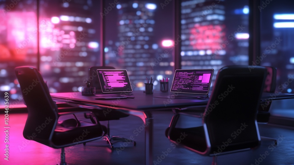 Night city view, programmers coding, office workspace, neon lights Night city view, programmers coding, office workspace, neon lights