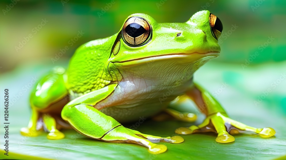 Close-up of a vibrant green tree frog perched on a leaf. Close-up of a vibrant green tree frog perched on a leaf.