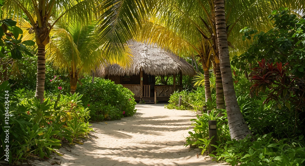 Obraz premium Serene tropical pathway leading to a thatched hut, concept for travel brochure, vacation promotion and outdoor escape