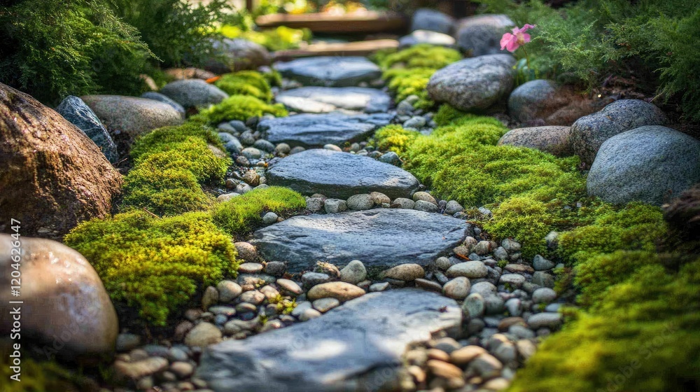 Serene Stone Pathway through Lush Moss Garden Serene Stone Pathway through Lush Moss Garden