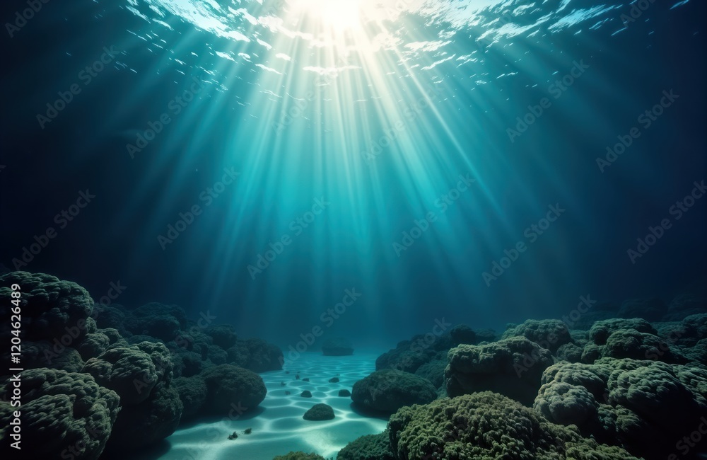 Fototapeta premium Submerged ocean floor scene shows sunlight beams penetrating turquoise water. Calm water covers rocks, coral reefs. Abstract underwater background perfect for eco tourism ads. Stunning underwater