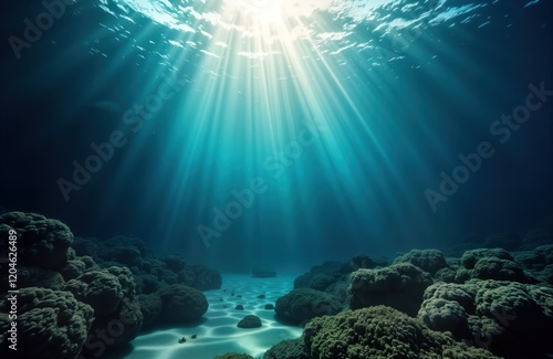 Wallpaper Mural Submerged ocean floor scene shows sunlight beams penetrating turquoise water. Calm water covers rocks, coral reefs. Abstract underwater background perfect for eco tourism ads. Stunning underwater Torontodigital.ca