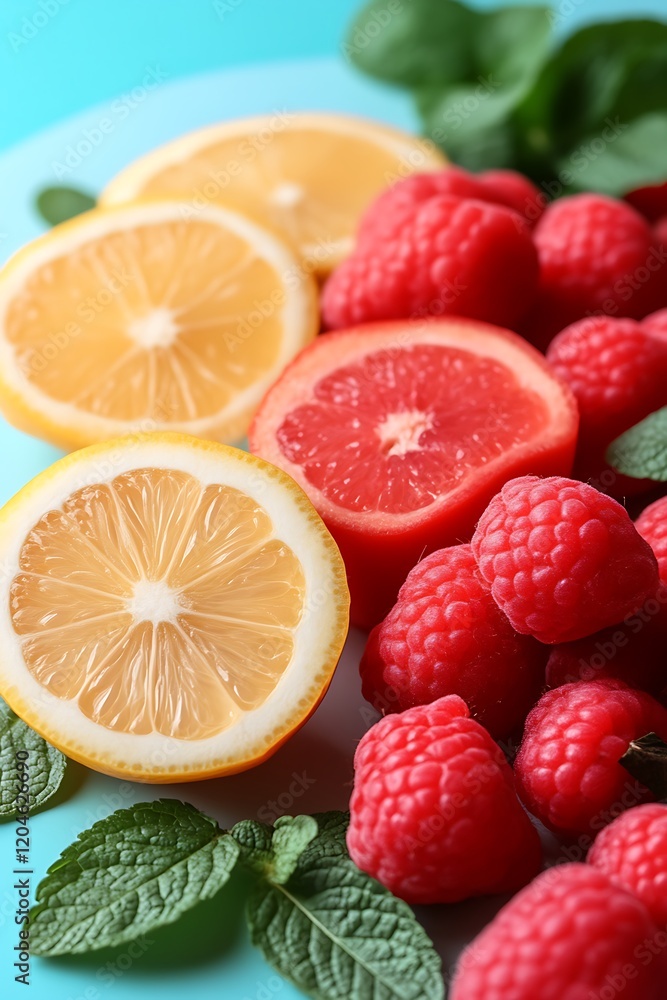 Vibrant Citrus and Raspberry Still Life: A Summery Delight Vibrant Citrus and Raspberry Still Life: A Summery Delight