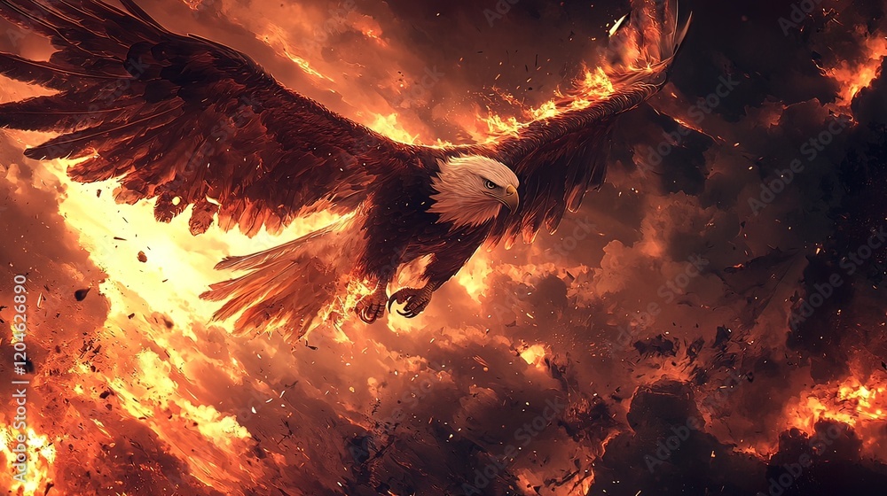 Naklejka premium Fiery eagle in flight amidst burning clouds.