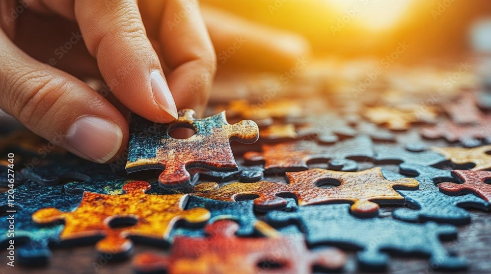 Close-up of a hand placing a colorful jigsaw puzzle piece. A concept image of problem solving, strategic thinking and mental challenge. Close-up of a hand placing a colorful jigsaw puzzle piece. A concept image of problem solving, strategic thinking and mental challenge.