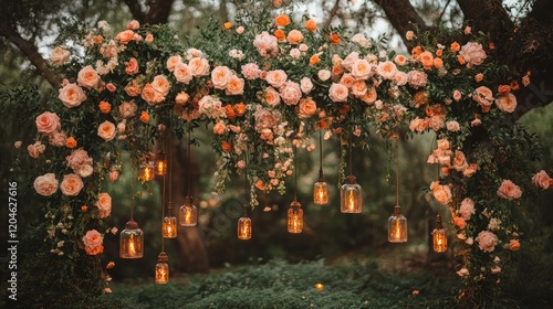 Fototapeta Naklejka Na Ścianę i Meble -  Romantic Peach Rose Floral Wedding Arch with Hanging Lights