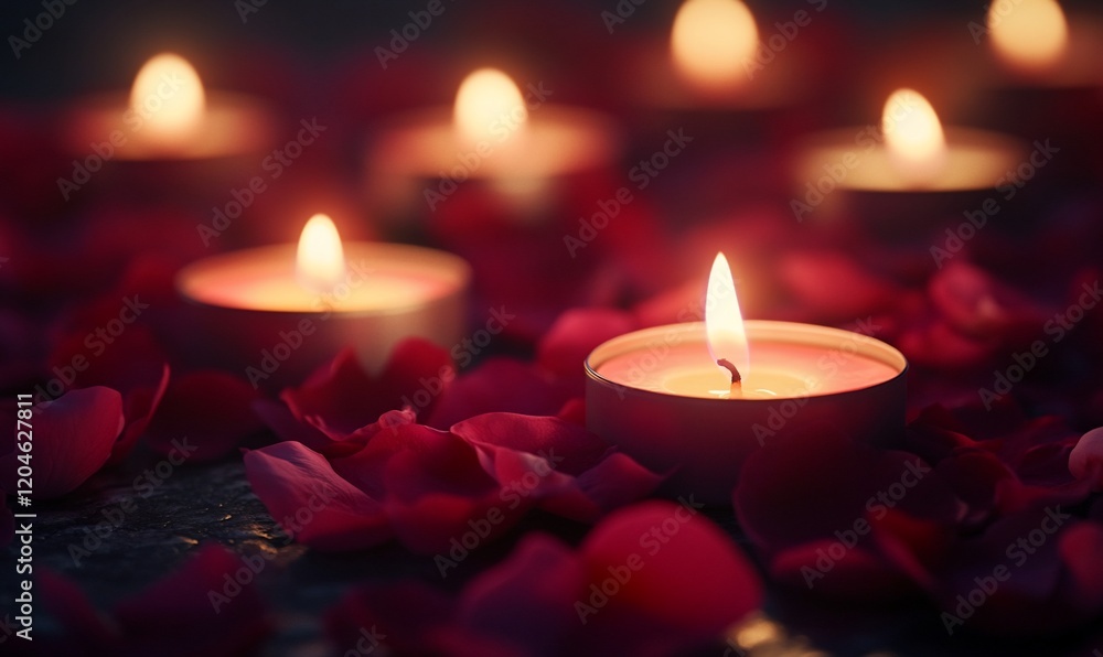 Romantic candlelight, rose petals, dark background, spa ambiance, relaxation Romantic candlelight, rose petals, dark background, spa ambiance, relaxation