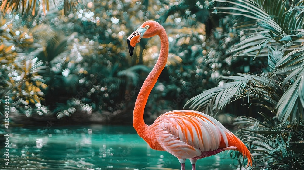 Fototapeta premium Pink flamingo standing in tropical foliage near water.