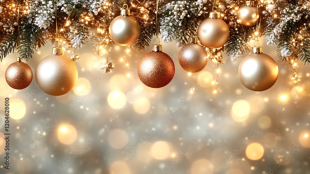 Gold and Copper Ornaments Adorn Snowy Christmas Tree Branches Gold and Copper Ornaments Adorn Snowy Christmas Tree Branches