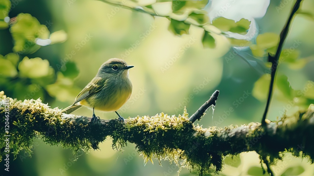Small yellow-green bird perched on a moss-covered branch in a lush forest. Small yellow-green bird perched on a moss-covered branch in a lush forest.