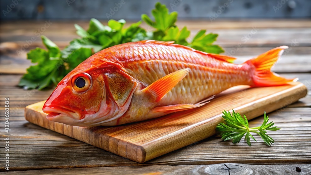 Fresh Red Mullet on Cutting Board - Gourmet Seafood Fresh Red Mullet on Cutting Board - Gourmet Seafood